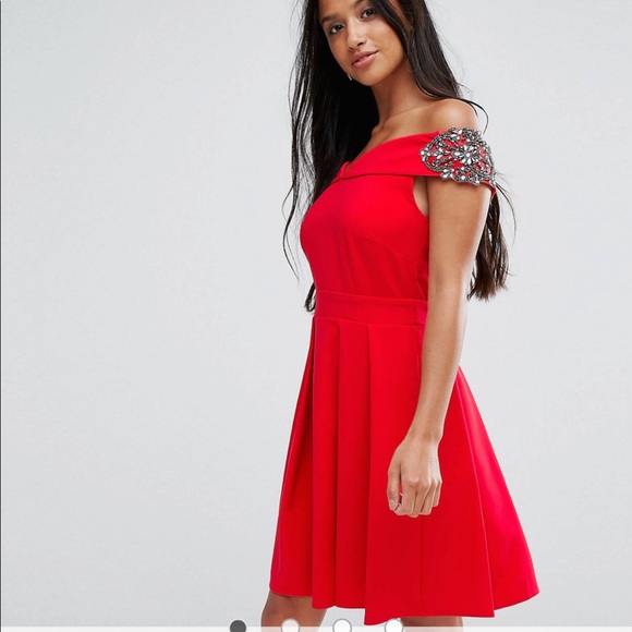 Little Mistress Petite Embellished Off Shoulder Wrap Mini Dress ASOS - Picture 1 of 8